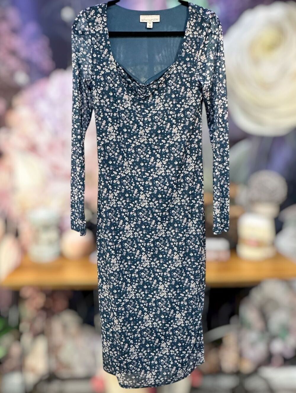 12 Thompson M Teal Lined Long Sleeve Midi Dress Floral V-Neck Side Slit Romantic